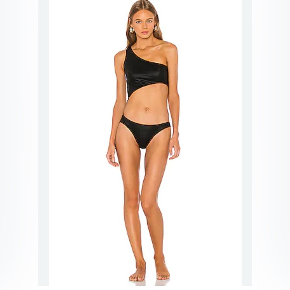 NWT Norma Kamali Shane Cutout One Piece Swimsuit Shiny Black Size L